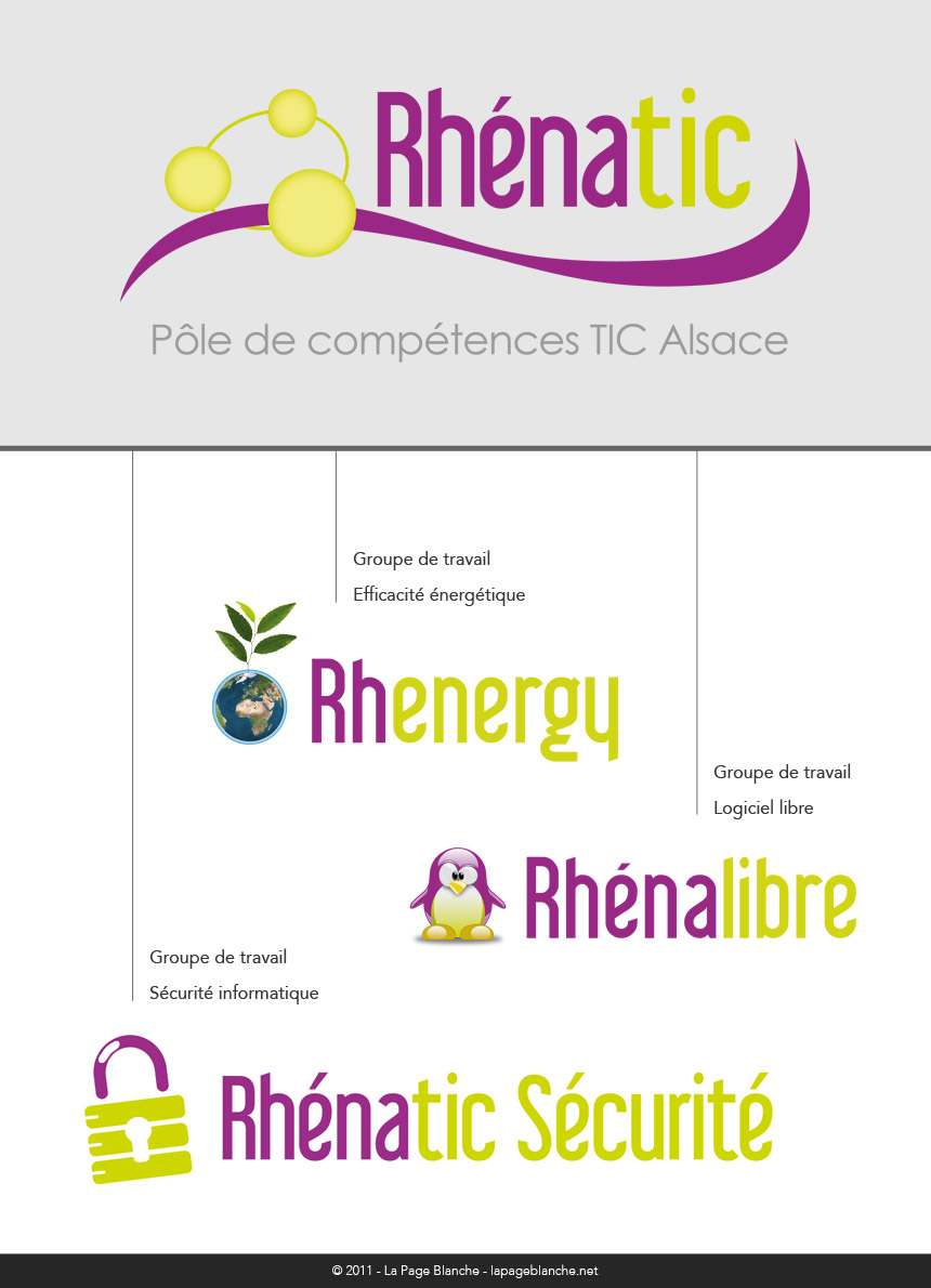Logos des groupes de travail de Rhénatic - RhénaLibre, Rhénatic Sécurité, Rhenergy